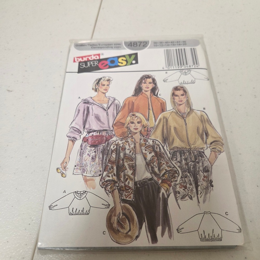Burda 4872 Super Easy Sewing Pattern Misses Raglan Jacket Blouson Size 10-20